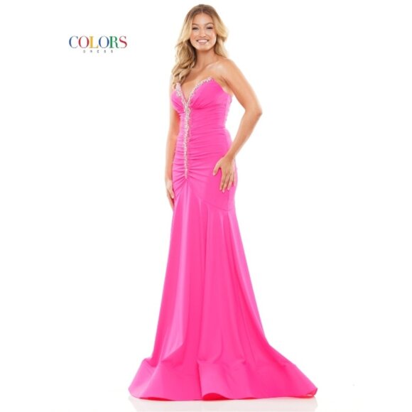 NWT HOT PINK Size 14 Strapless FIt & Flare Prom Dress. Rhinestones. Mermaid Hem - Picture 1 of 7